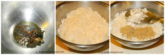 In a wide bowl, add the tempering items, over that add the boiled rice, top of