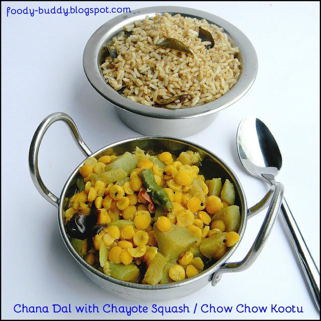 Yellow split chick peas/ chana dal/ Kadalai paruppu have a sweet nutty flavor and hold their shape well. I used chayote squash/ chow chow for this dal.