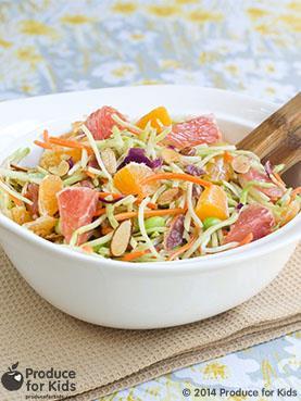 Ingredients 1/2 cup sliced almonds 2 slices uncured bacon 1 package coleslaw mix 2 cups Del Monte SunFresh Citrus Salad, well drained, rinsed 1/3 cup shelled edamame, cooked according to package