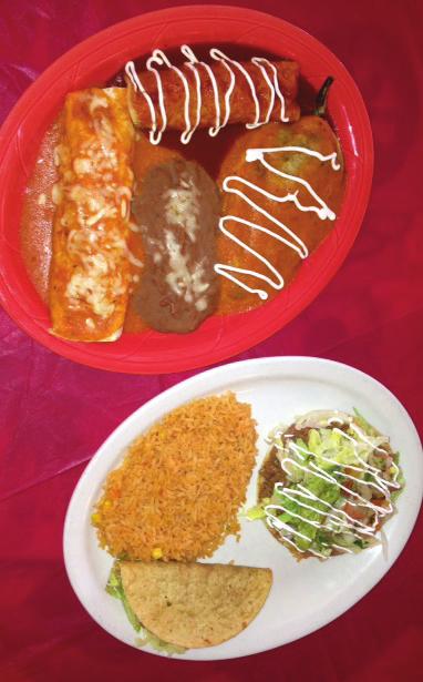 Also includes two taquitos- one beef and one chicken Mexican Taquitos Four deep fried rolled corn tortillas- two chicken and two shredded beef served with guacamole, lettuce and sour Chilaquiles