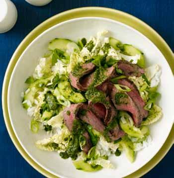 plain dry bread crumbs ½ pkg medium egg noodles 4 tbsp unsalted butter Chopped fresh parsley, to garnish Thai Steak Salad MAKES 4 servings PREP 10 minutes COOK 10 minutes 1 cup cilantro leaves ¼ cup