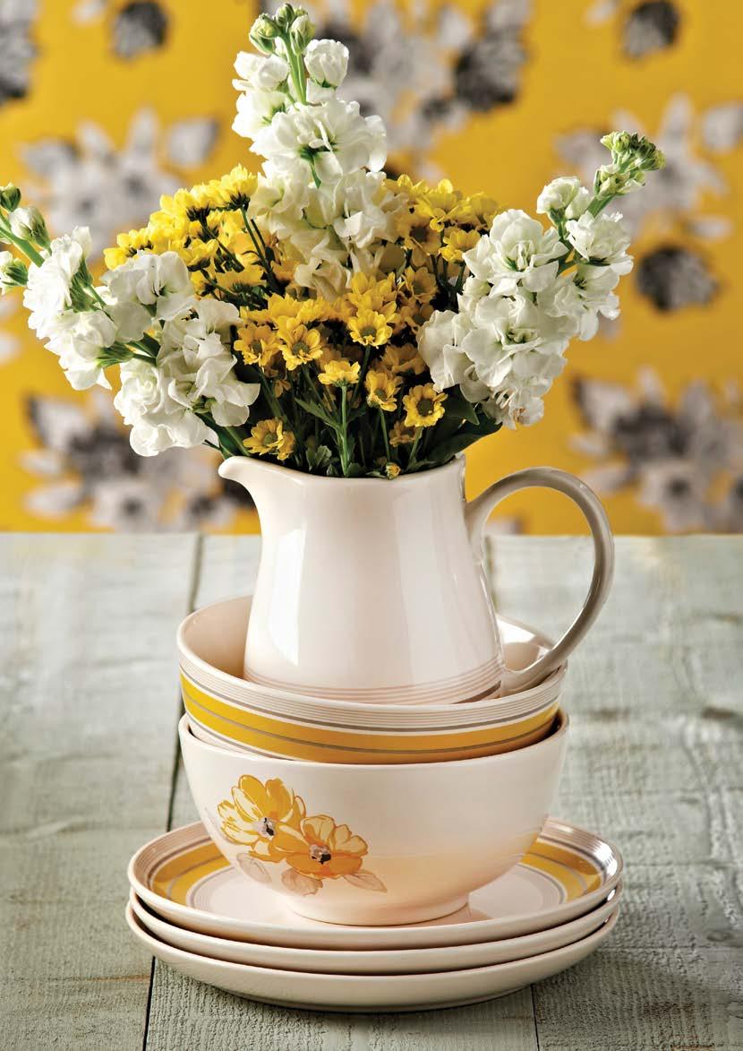 Elise Evocative of summer gardens and warming sunshine, the Elise design explores a subtle mix and match design using vibrant yellow floral hues and soft grey stripy tones.