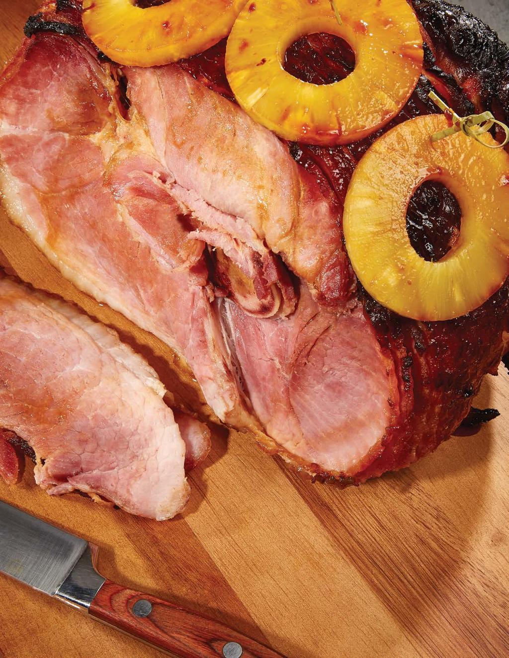 SERVES 6-8 Pineapple- Glazed Ham ½ cup brown sugar 2 tbsp. molasses 1 (46 oz.) can pineapple rings (reserve juice) ½ cup brown mustard 3 tbsp. dry hot mustard 1 tsp. cloves, ground 1.