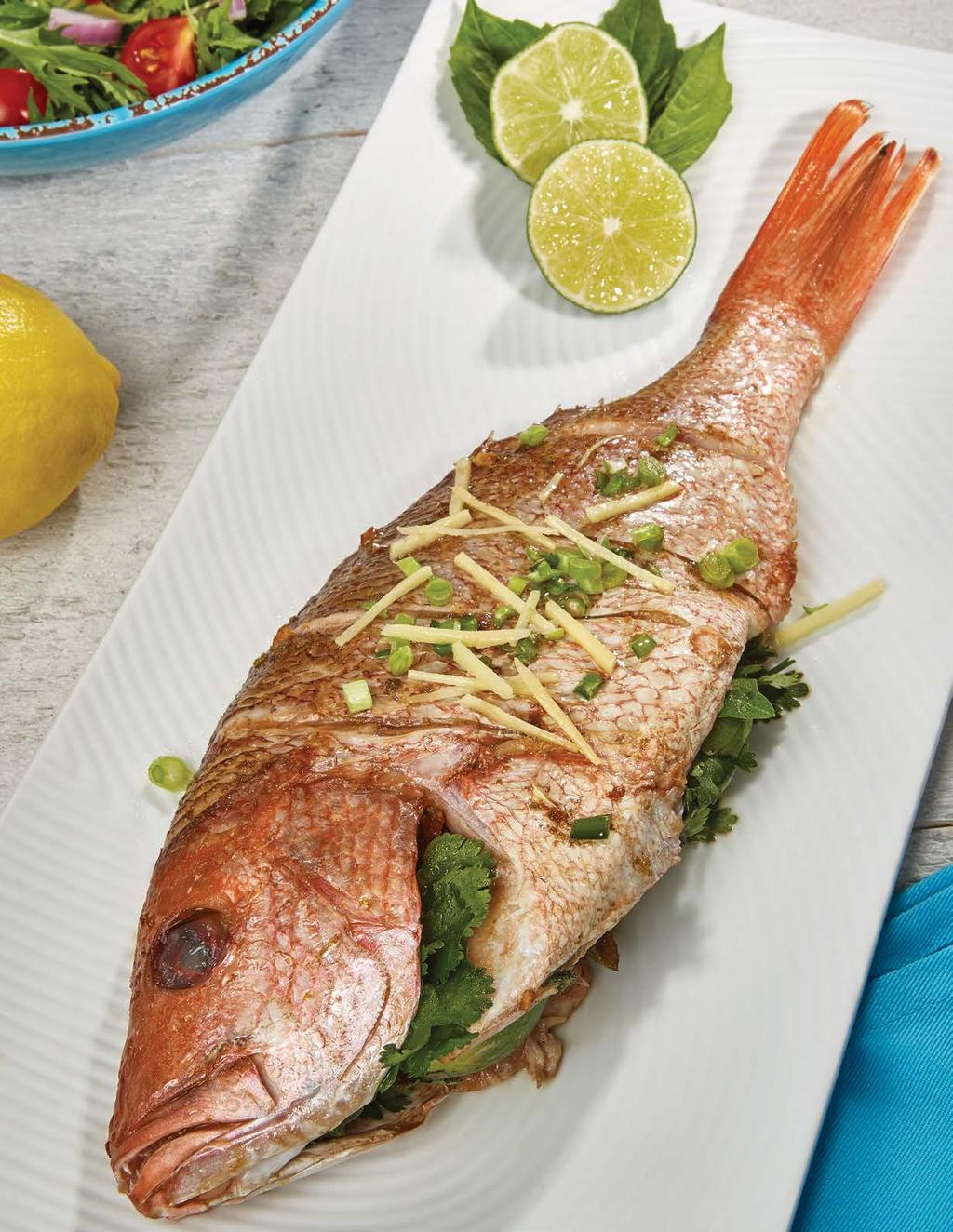 SERVES 4-6 Whole Thai Steamed Snapper 1 (2-3 lb.) snapper, cleaned with head & tail on 2 tbsp. toasted sesame oil 2 cloves garlic, smashed 1 Thai chili, sliced 2 tbsp.