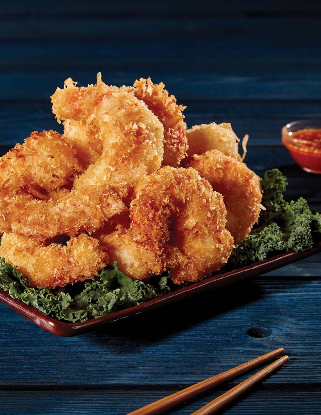 SERVES 8 Coconut Shrimp 2 lb. large shrimp, peeled & deveined 2 cups egg whites, beaten ½ cup water 1 cup cornstarch 3 cups shredded coconut 1 cup panko breadcrumbs 2 qt.