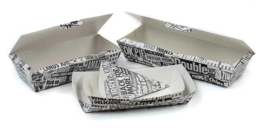 Newsprint Containers Paperboard Trays and boxes ideal for serving chicken, fish and chips with peas and a wide range of hot and cold food products. The newsprint design gives the boxes a retro feel.