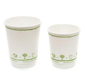 49 Single & Double Wall Paper Cups Compostable (PLA Lined) These PLA lined compostable paper cups have a generic design printed on them with a subtle line of text that reads lining made from plant