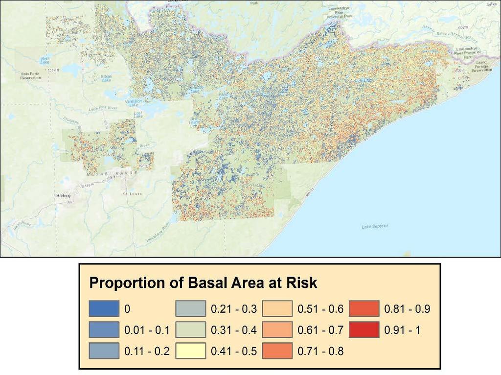 Example 2: Superior National Forest Most of the tree species (>90%) and 99% of the BA captured by Horn species Significantly affected (~1% decline or more) 97% of the park had at least one species