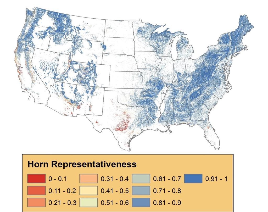 Representativeness of the Horn 94 The 94 species assessed in Horn have good coverage (~ave 90%) across most forested areas.