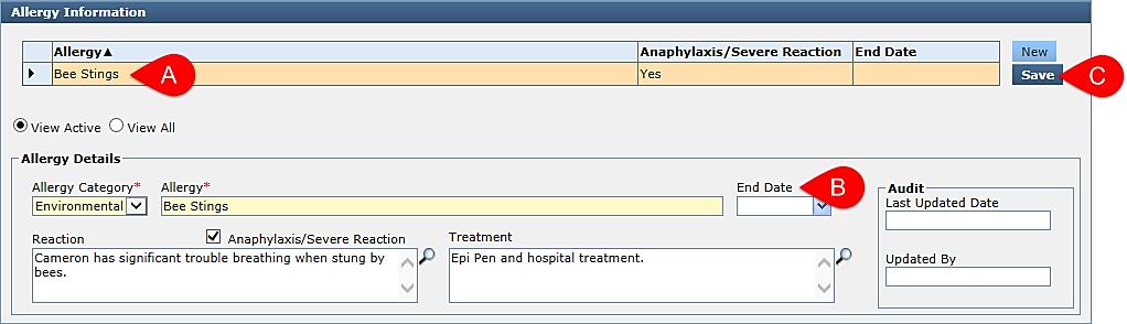 End-Dating an Allergy 1. To end-date an allergy: a. Click on the allergy that is to be end-dated in the Allergy Information grid. b. Enter the End Date in the Allergy Details section. a. Click to the right of the Allergy Information grid.