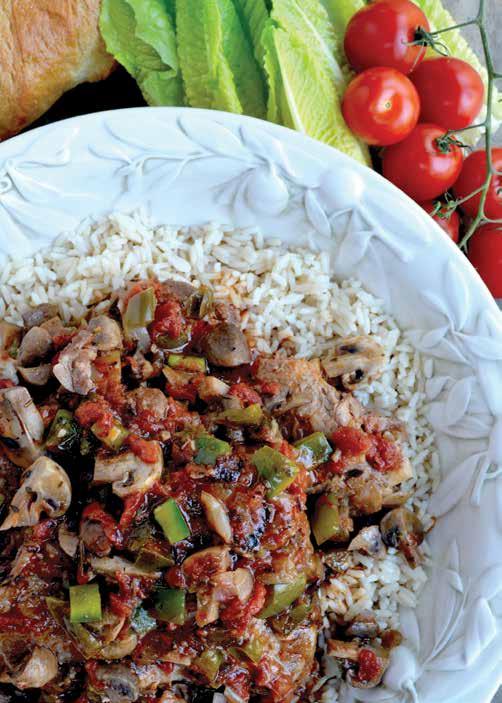 Chicken Cacciatore Serves 6 1 to 2 tablespoons olive oil 10 to 12 boneless skinless chicken thighs salt and freshly ground black pepper 1 onion, chopped 2 cloves garlic, minced 1 teaspoon dried