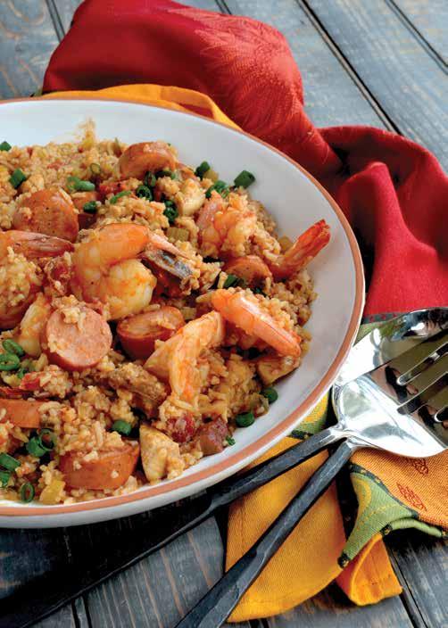 Jambalaya Serves 6 to 8 1 tablespoon olive oil 1 pound Andouille sausage, cut into chunks 2 boneless skinless chicken breasts, cut into ½-inch pieces 1 onion, finely chopped 2 ribs celery, finely