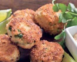 Fish Cakes w/ Cilantro Lime Dip Ingredients (Makes 6 servings) 2 lb cod fillets, cut into 1-inch pieces 2 large eggs 1/2 cup panko bread crumbs, plus 1 cup for dredging 1/4 cup finely chopped fresh