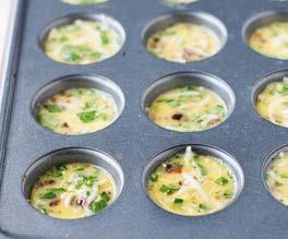Green Eggs & Ham Lunch Bites Ingredients (Makes 24 bites) 6 eggs 3 tablespoons milk ¾ cup finely chopped spinach 1 cup cheddar cheese, shredded 4 strips bacon, cooked and chopped or, 1/4 cup chopped