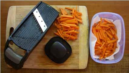 Or use a Mandoline to slice lots of carrots at a time and store them in plastic containers in your fridge.