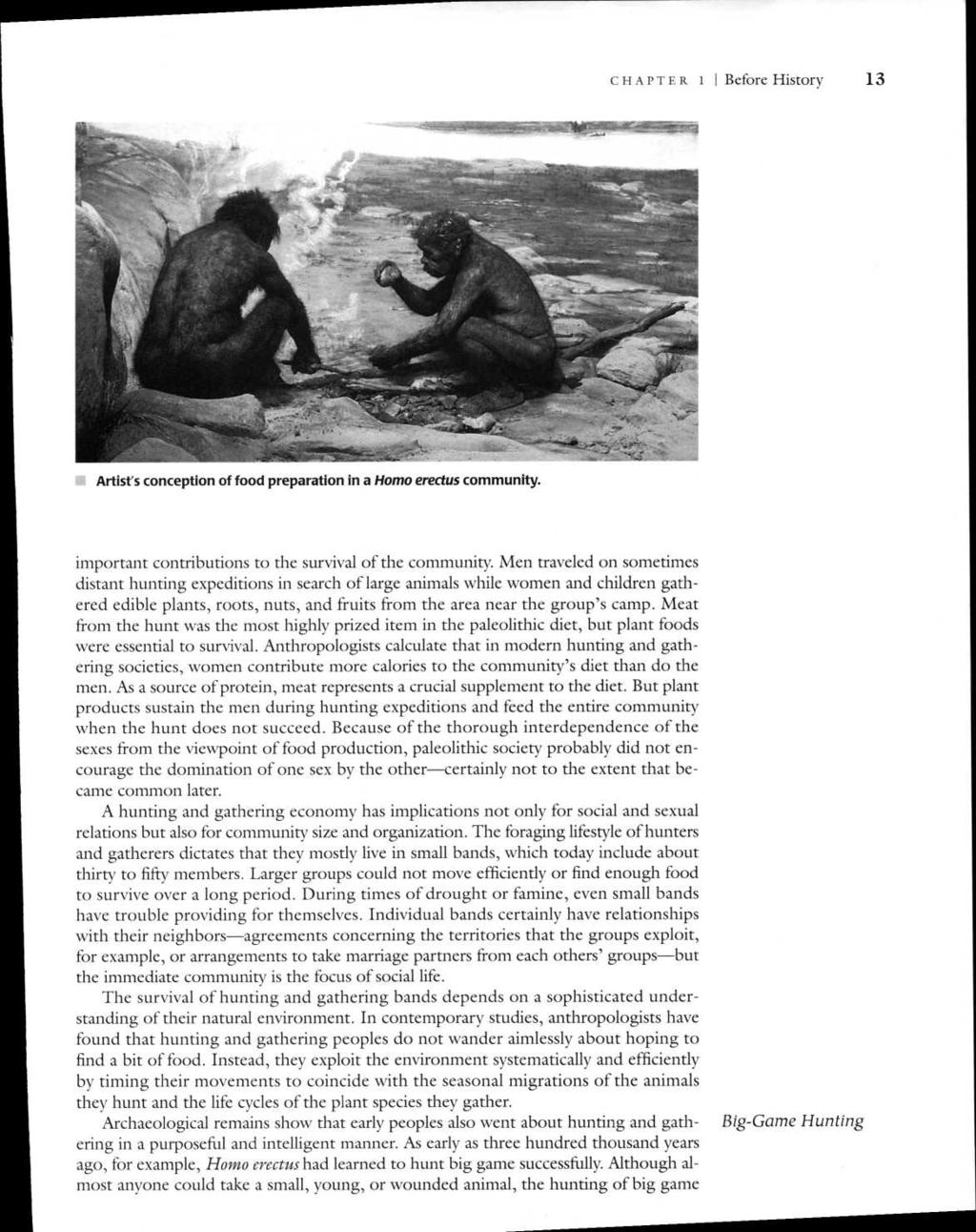 CHAPTER 1 I Before History 13 Artist's conception of food preparation in a Homo erectus community. important contributions to the survival of the community.