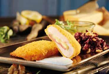 POULTRY SPECIALTIES CRUNCHY CHICKEN SCHNITZEL "Ricotta-Pesto" with melon seeds breading Juicy chicken breast meat, filled with