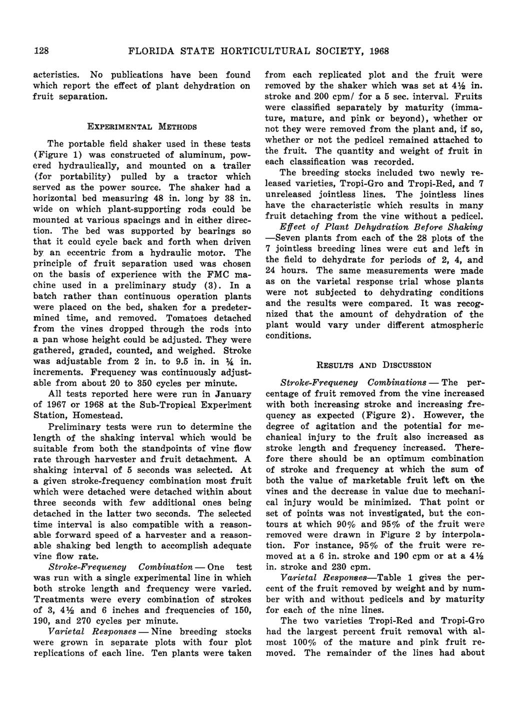128 FLORIDA STATE HORTICULTURAL SOCIETY, 1968 acteristics. No publications have been found which report the effect of plant dehydration on fruit separation.