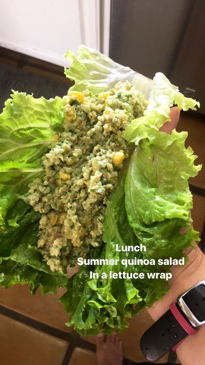 Summer Quinoa Salad Salad 1 cup Quinoa 1 3/4 cup Vegetable broth 2 cups halved cherry tomatoes 2 Ears of Corn (corn sliced off cob) 2 cups spinach leaves* *or kale; or a combo of both (chopped).