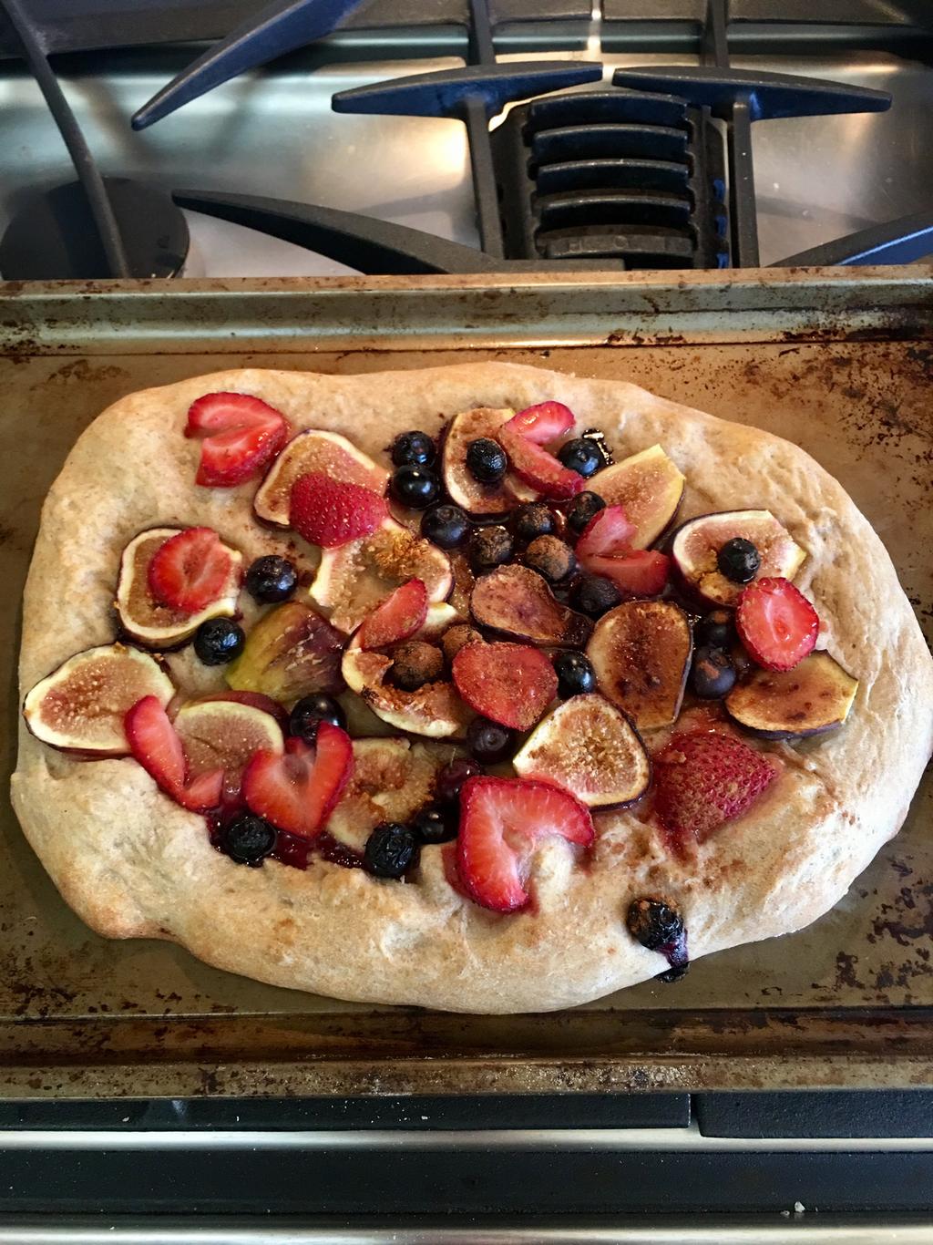 Fruit Pizza Pizza dough Earth Balance Strawberries Blueberries Cinnamon Preheat oven to 475.