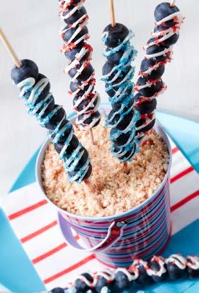 Blueberry Sparklers Ingredients 1 cup large fresh blueberries 1 cup white chocolate chips 1 teaspoon vegetable oil 2 tablespoons multi-color candy sprinkles Instructions On each of 10 bamboo skewers