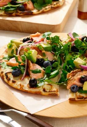 Grilled Salmon Flatbreads with Fresh Blueberry Salsa Ingredients Spice Blend (recipe below) 1 garlic clove, minced 2 skinless salmon fillets (8 ounces each) 4 pita breads 1 cup fresh blueberries 1/2