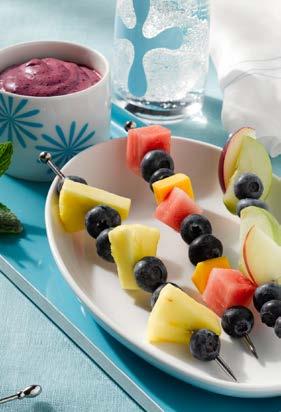 Fruit Kebabs with Blueberry Dip Ingredients 3 cups fresh blueberries, divided 1 3 cup light cream cheese 2 tablespoons apricot preserves 2 cups watermelon or pineapple 2 apples, cored and cut into 24