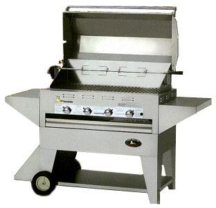 2 high Four burner unit, stainless steel outdoor Propane gas-fired barbecue with two large side shelves. All 304 stainless steel construction.