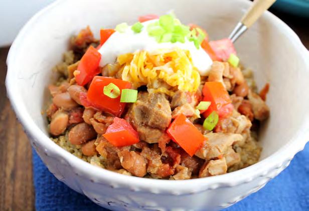 Mexican Chicken Bowls Makes 4 servings 2 pounds chicken thighs 1 teaspoon salt 1/2 cup MUSSELMAN S Apple Butter 2 teaspoons ground cumin 1 (10 oz can) tomatoes and green chiles 1 (16 oz can) pinto