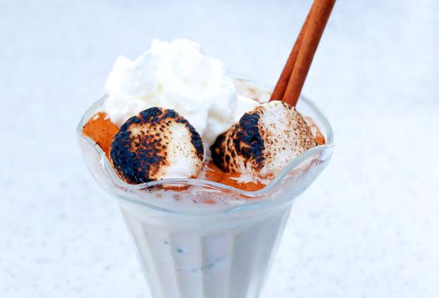 Makes 2 servings 8 large marshmallows 1/2 cup MUSSELMAN S Apple Butter 1 1/3 cups vanilla bean gelato 1 cup milk Whipped cream and ground cinnamon for serving Toasted Marshmallow Apple Butter
