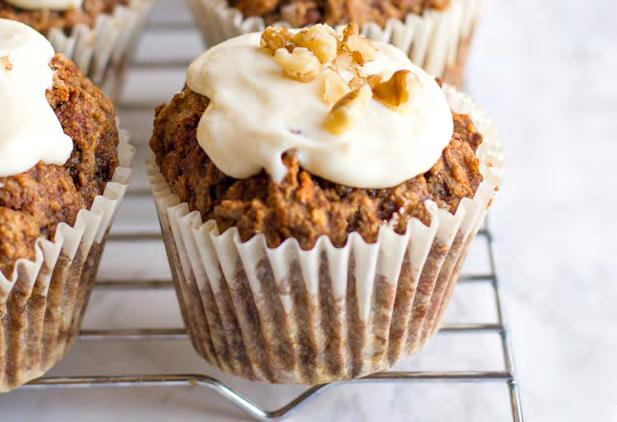 Carrot Cake Muffins Makes 12 servings Muffins Frosting 2 cups white whole wheat flour 8 ounces cream cheese, softened 2 teaspoons baking soda 2 tablespoons honey 1 teaspoon ground cinnamon ¼ teaspoon