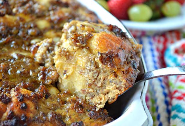 Easy Breakfast Bake Makes 8 servings 1 pound breakfast sausage 2 packages refrigerated crescent rolls 7 eggs ½ cup milk 3/4 cup MUSSELMAN S Apple Butter ½ cup sharp white cheddar, shredded Recipe