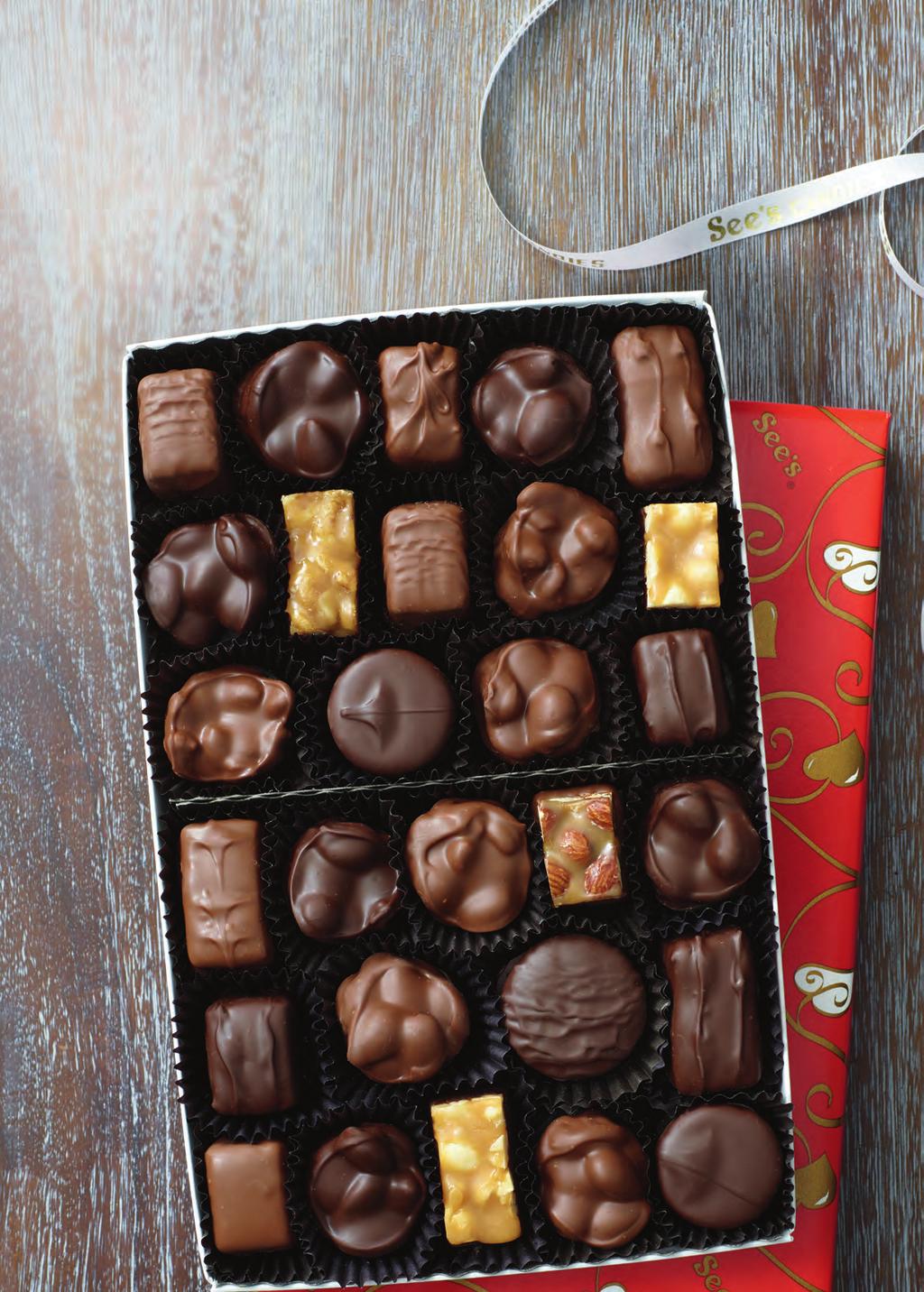 Nuts & Chews Deliciously crunchy and chewy. The perfect mix of flavor and texture, featuring plump walnuts, roasted almonds, creamy caramels and more, drenched in See s milk and dark chocolate.