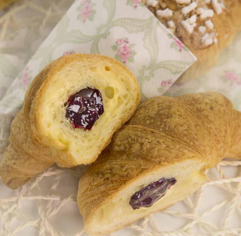 CROISSANT WITH AMARENA SOUR CHERRY PASTRY FILLING Croissant recipe 1 Kg PreGel My Sweet Mix 12 g Instant PreGel yeast 150 g Eggs 125/150 g Water 200 g Cream 200 g Butter As required Flavouring Pastes