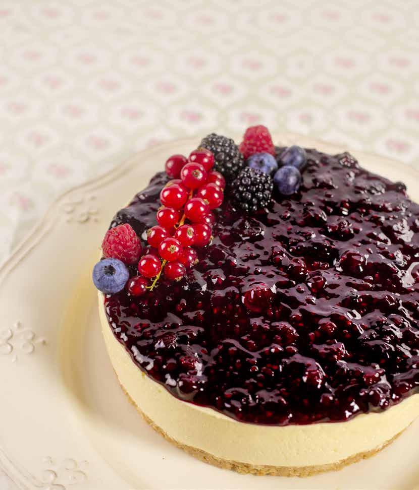 CHEESECAKE WITH FOREST BERRIES PASTRY FILLING Cheesecake recipe 1 kg PreGel Cheesecake Mix (Code 81108) 1,2 l Water 3,2 Kg Ricotta 1 Kg Cream 800 g Eggs Mix the ingredients in a planetary mixer on