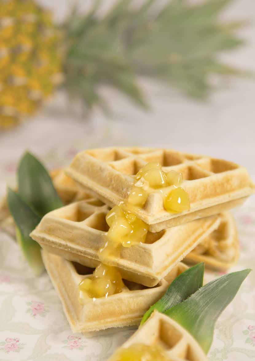 WAFFLES WITH PINEAPPLE PASTRY FILLING Waffles recipe 1 kg PreGel Waffles Mix (Code 90304) 1 l Water Pour the water into a bowl and gradually add PreGel Mix for Waffles, stirring thoroughly with a
