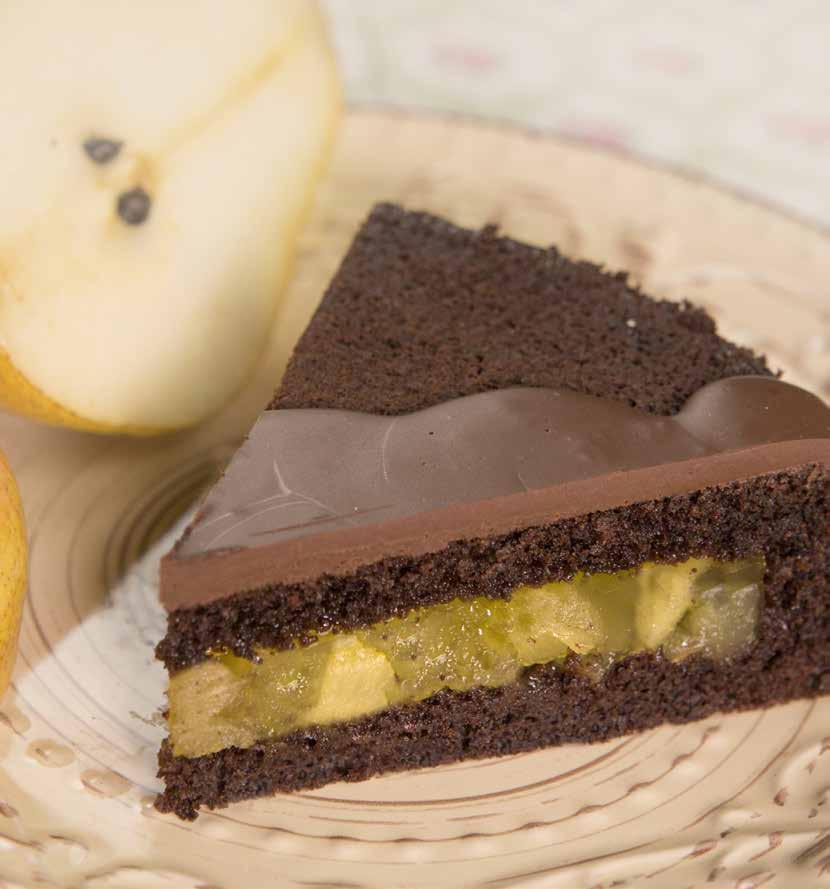 CHOCOLATE AND PEAR CAKE WITH PEAR PASTRY FILLING Chocolate cake recipe 1 kg PreGel Lava Cake (Code 58804) 500 g Soft butter 500 g Eggs Mix the ingredients together in a bowl with a spatula, or blend