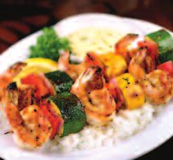 59 Shrimp & Veggie Skewers Large Shrimp, skewered with fresh Red Bell Peppers, Red Onion, Yellow Squash and Zucchini,chargrilled and served with Jasmine Rice and a Lemon Garlic