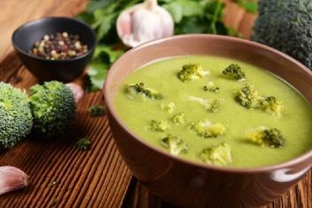 cream of broccoli soup with chicken nuggets Yield: 2 servings You will need: knife, cutting board, 2 shallow baking dishes, measuring cups and spoons, baking sheet, parchment paper, large saucepan,