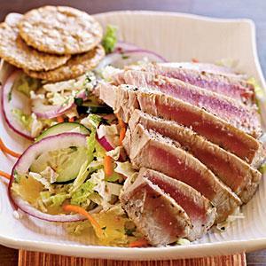GRILLED AHI TUNA THAI SALAD BEEF STEW RECIPE 2 (6-ounce) Yellow fin tuna steaks (about 1 inch thick) 1/4 teaspoon salt 1/8-teaspoon black pepper 4 cups thinly sliced Napa (Chinese) cabbage 1 cup
