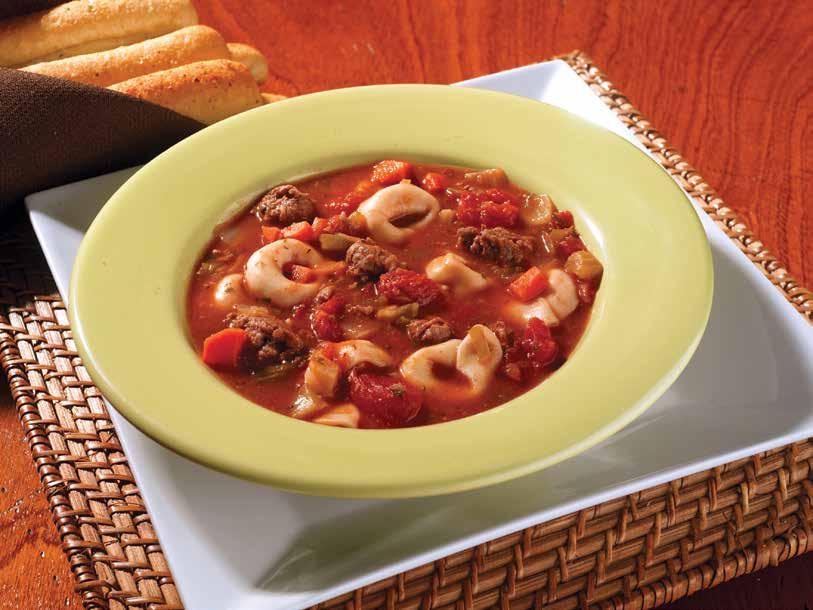 onions, celery, carrots, and tomatoes in rich beef stock. Cheese stuffed tortellini finishes off this soup!