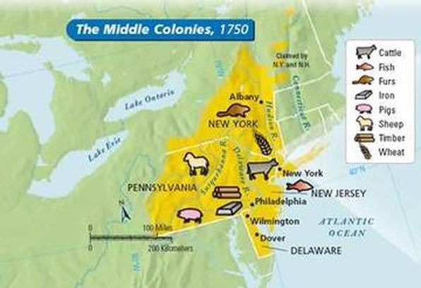 3 Middle Colonies New York, New Jersey, Pennsylvania, Delaware Climate/Geography The Middle colonies spanned the Mid-Atlantic region of America and were moderate in climate with warm summers and cold