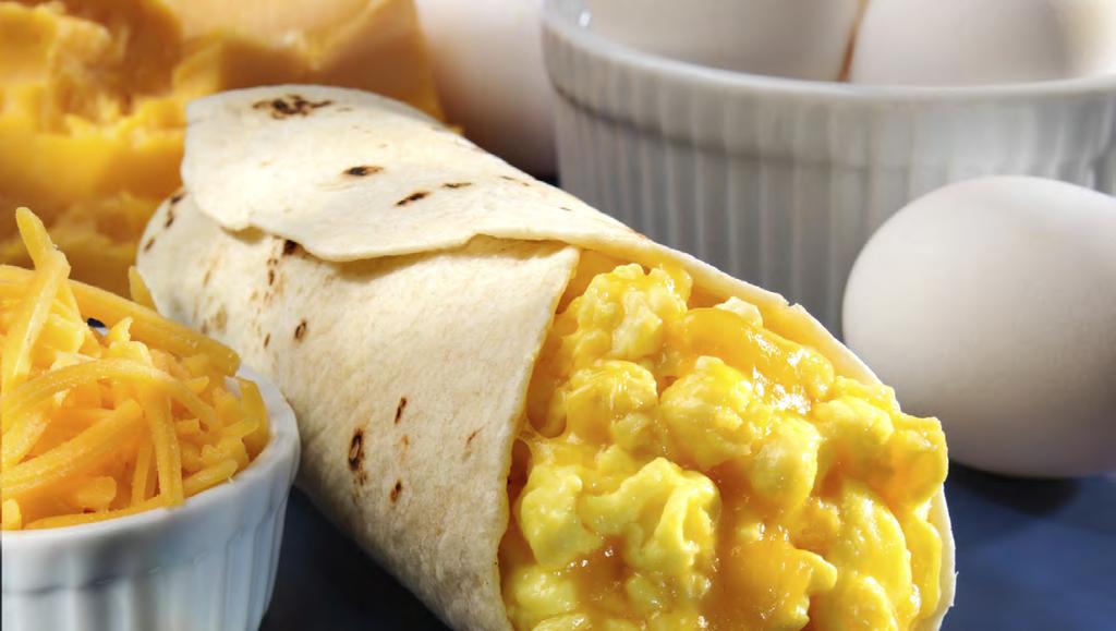 Egg and cheese wrap 1, six-inch whole wheat tortilla 1 egg 60 ml (¼ cup), cheddar cheese 2 ml (½ tsp) soft margarine 1. Heat non-stick pan or add soft margarine to griddle over medium heat. 2. Beat egg with a fork or whisk in a bowl.