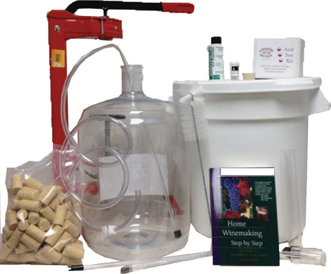 assembly, a bottle filler, Mini-Floor Corker, 25 Corks, Country Wine Acid Testing Kit, Hydrometer and Test Jar, a Bottle Brush, TDC cleaner, BTF Sanitizer and the book Home Winemaking Step By Step by