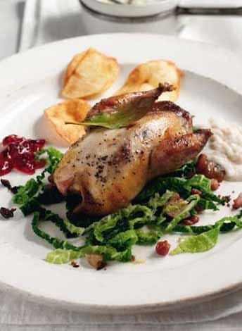 Roasted Partridge with Game Chips Serves 4 Ingredients 4 partridge, oven ready 50g butter 4 sprigs thyme 4 bay leaves Cabbage 1 Savoy cabbage 5 juniper berries, crushed slightly 100g cooked chestnuts