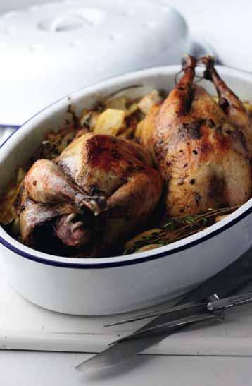 1. Season the pheasants. Heat a large oven-proof casserole dish and add in the bacon and cook until golden, add the pheasants. Seal the birds on all sides until golden brown. 2.