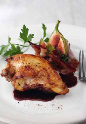 Pan Seared Breast of Pheasant with Smoked Bacon Roasted Figs Serves 4 Ingredients 4 pheasant breasts, wing bone left on 8 slices streaky smoked bacon 8 ripe figs 50g butter 2 tbsp olive oil 1 tbsp