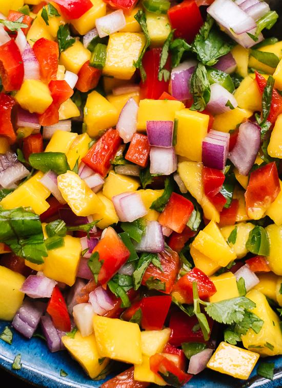 Mango Salsa 3 ripe mangos, cut into bite size squares 1 cup red bell pepper or 4 small sweet peppers (red, orange, yellow) ½ cup red onion, chopped ¼ to ½ cup cilantro leaves, chopped Lime juice of 1