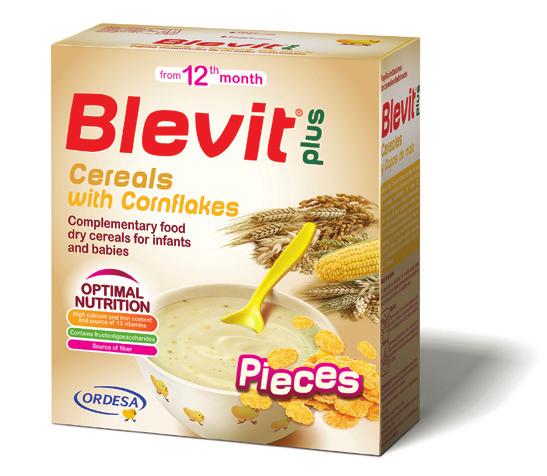 Plus Pieces Contains small pieces of food for learning how to chew Source of fiber Perfect for breakfast or a snack Blevit plus 8 Cereals with fruit pieces Blevit plus Pieces cereals with chocolate