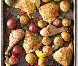 Sheet Pan Chicken with Potatoes Ingredients (Makes 4 servings) 4 small chicken thighs (about 1 1/4 lbs) 4 small drumsticks (about 1 lb) 1 1/2 pounds tricolor small new potatoes 2 sweet peppers,